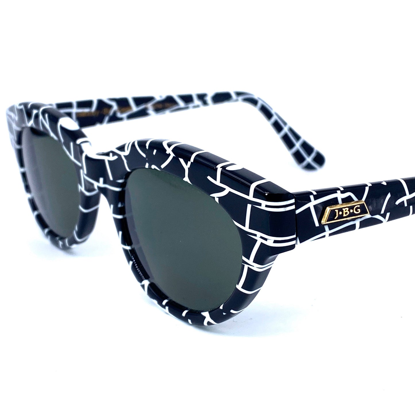 JBG rockabilly black/white sunglasses with web motif all over, NOS 80s ITA