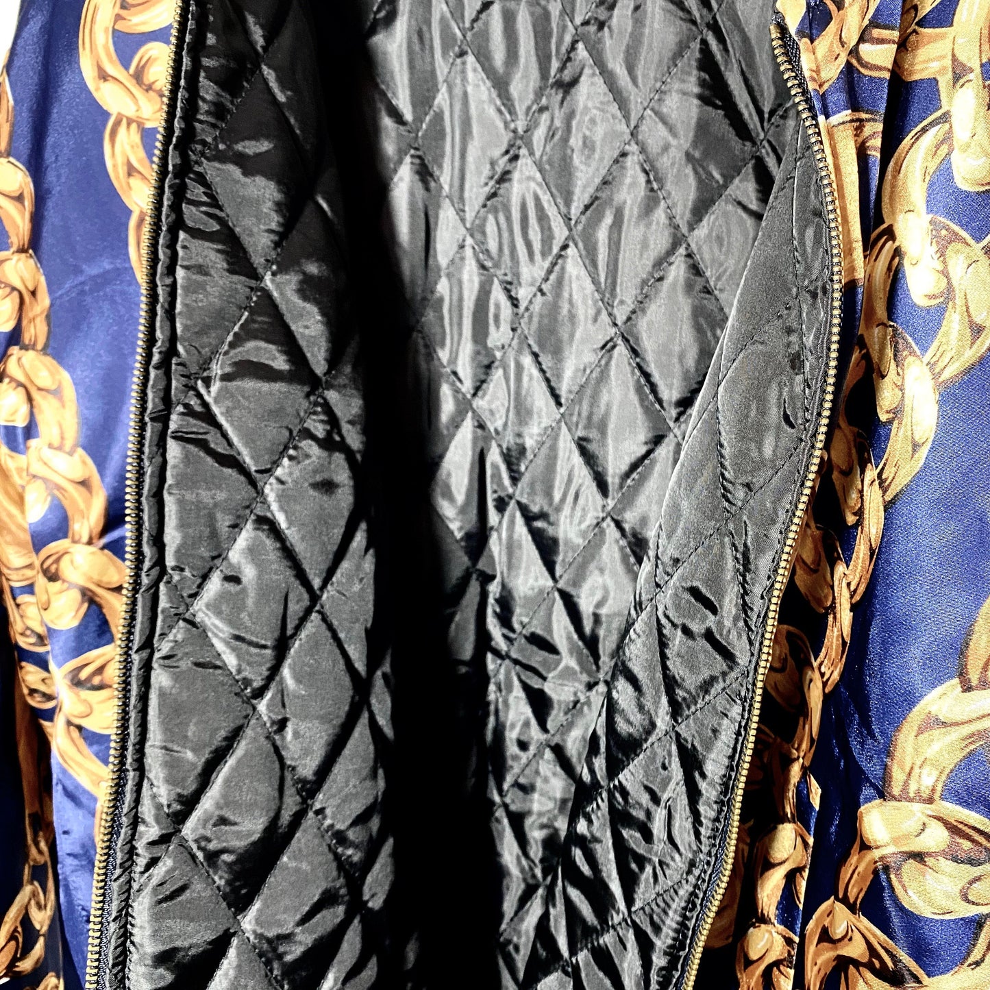 Baroque bomber jacket, gold chains on blue base print, as M/L mid seasons