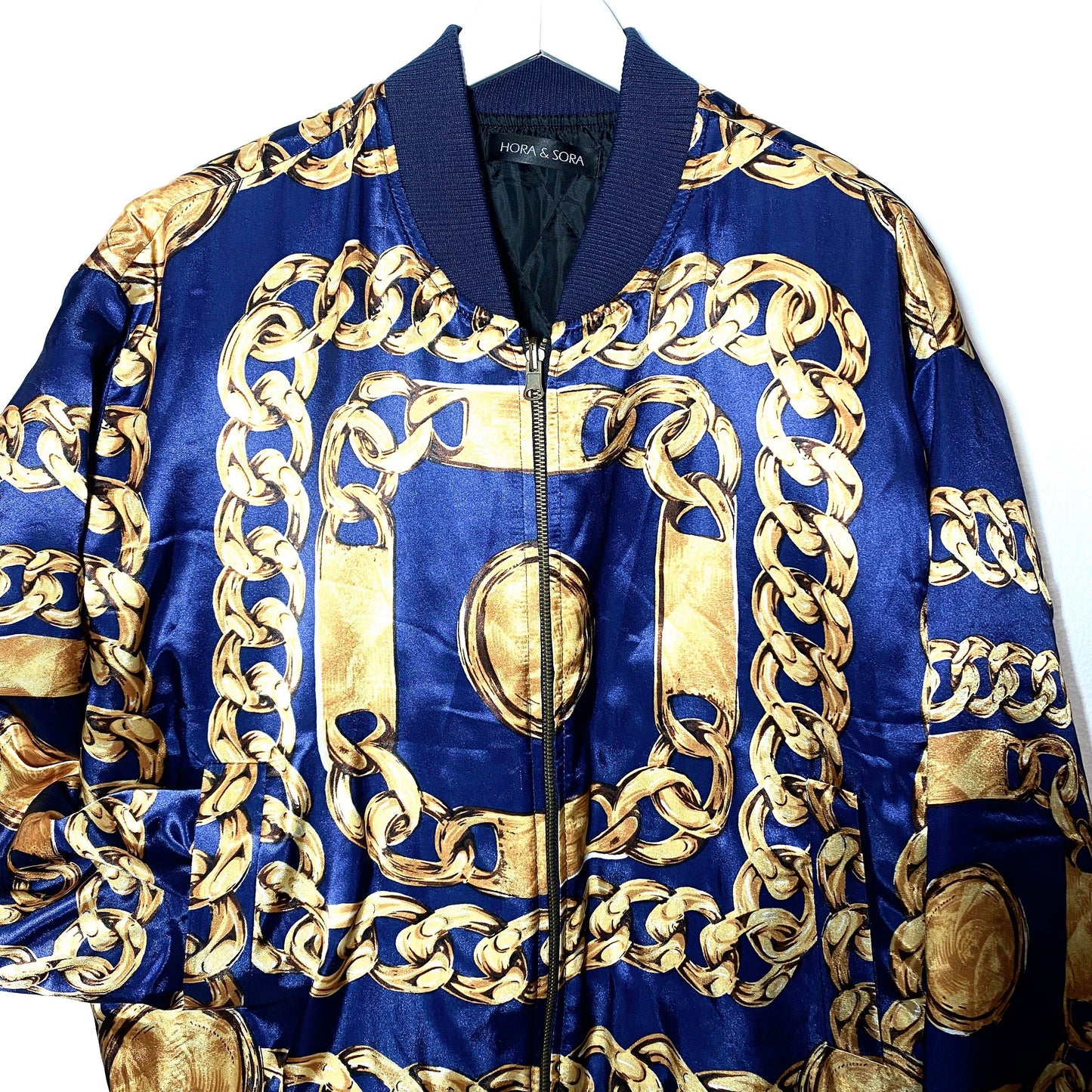 Baroque bomber jacket, gold chains on blue base print, as M/L mid seasons