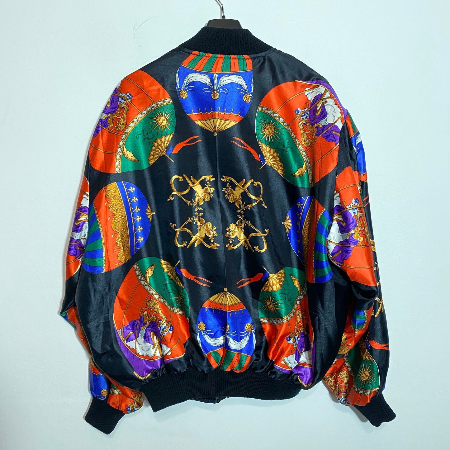 Lovely Hermes style baroque angels sun & moon satin bomber jacket.