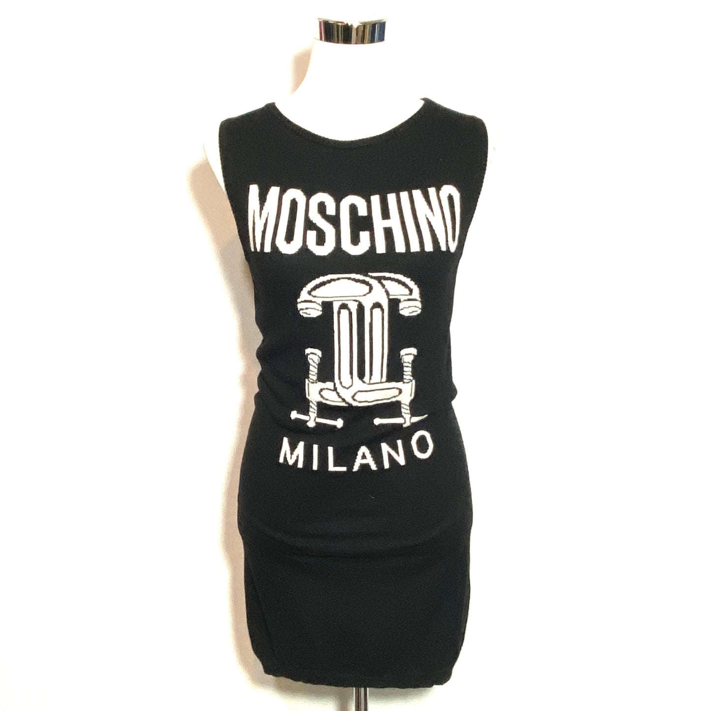 Moschino Milano black white pure new wool knitted dress, Jeremy Scott, mint condition