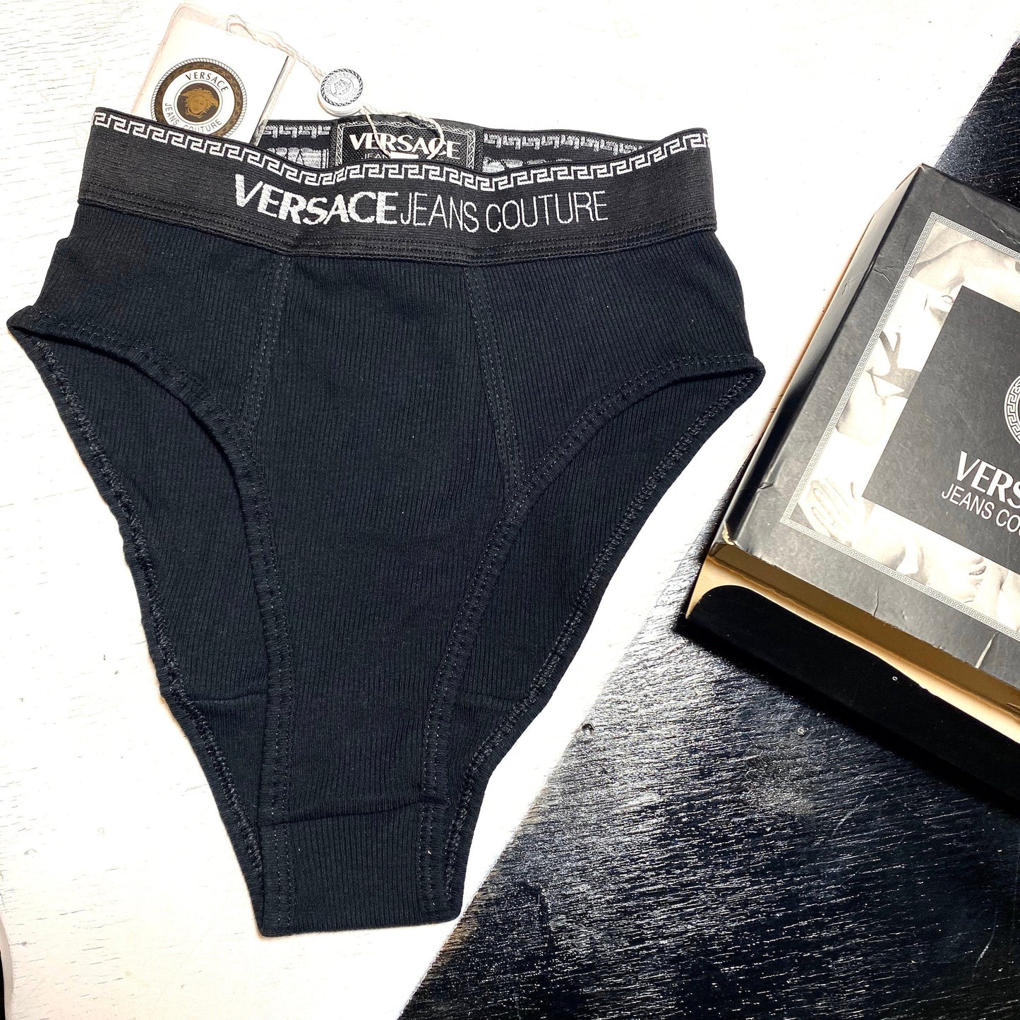 Versace Jeans Couture NOS ribbed panties with greek and signature on waistband, available in black and white