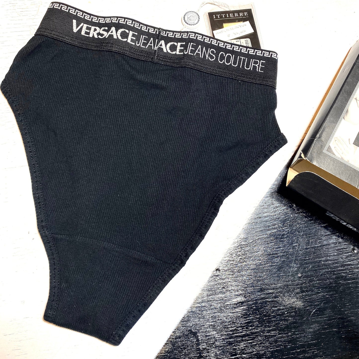 Versace Jeans Couture NOS ribbed panties with greek and signature on waistband, available in black and white