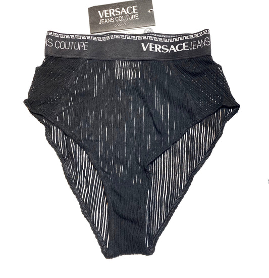 Versace Jeans Couture NOS 90s semi transparent ribbed panties with greek and signature on waistband.