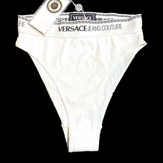 Versace Jeans Couture NOS ribbed panties with greek and signature on waistband, available in black and white