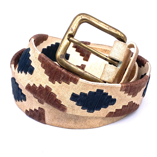 1990s Navajo beige cured leather belt with black/brown string embroidery allover sz 85