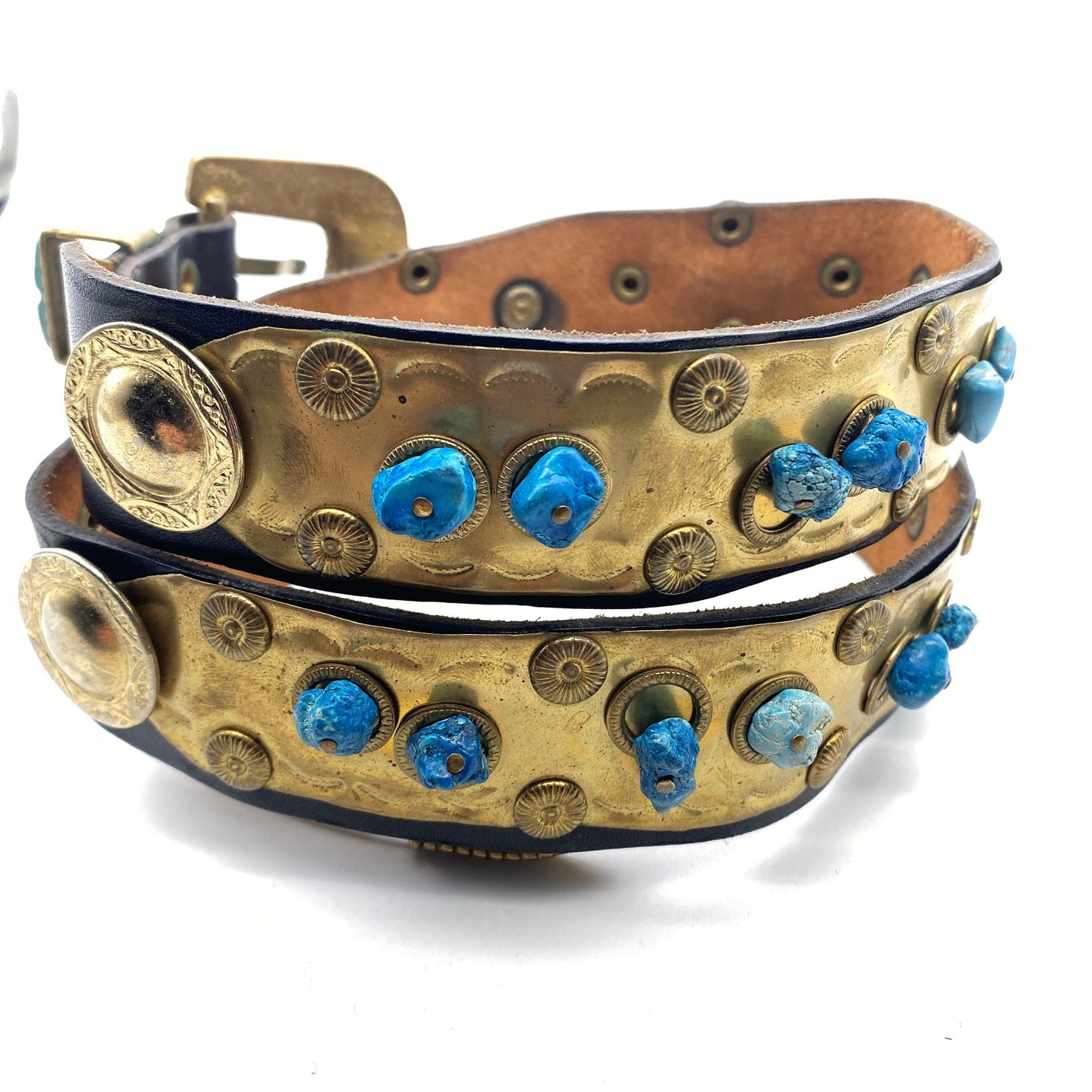 Precious artisanal leather / brass / turquoise stones ladies belt made in Italy, 80s NOS
