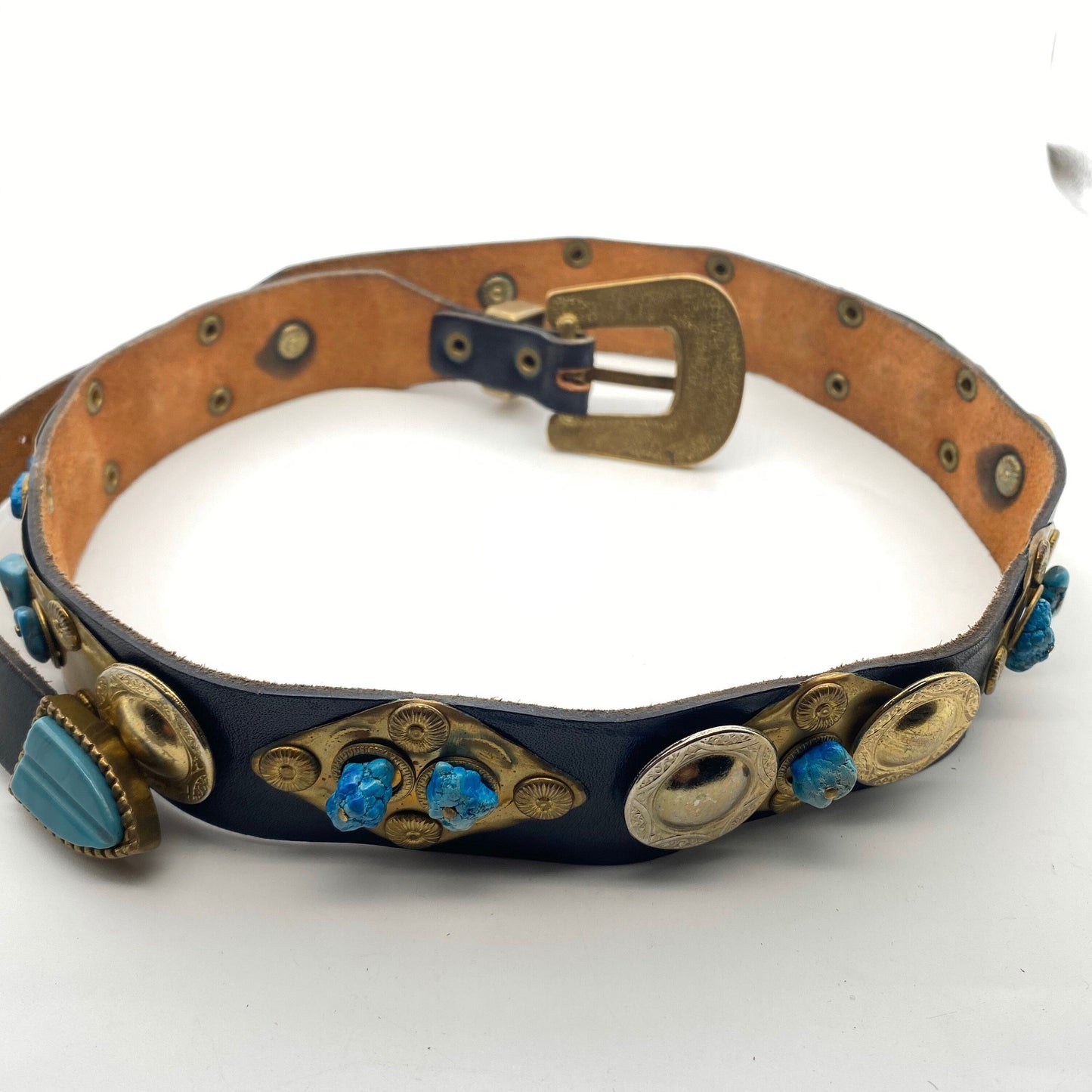 Precious artisanal leather / brass / turquoise stones ladies belt made in Italy, 80s NOS