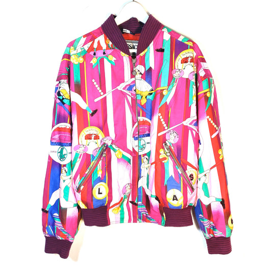 Versace Sport 1990s baseball allover cotton jacket, stunning colorful print of purple tones, minty