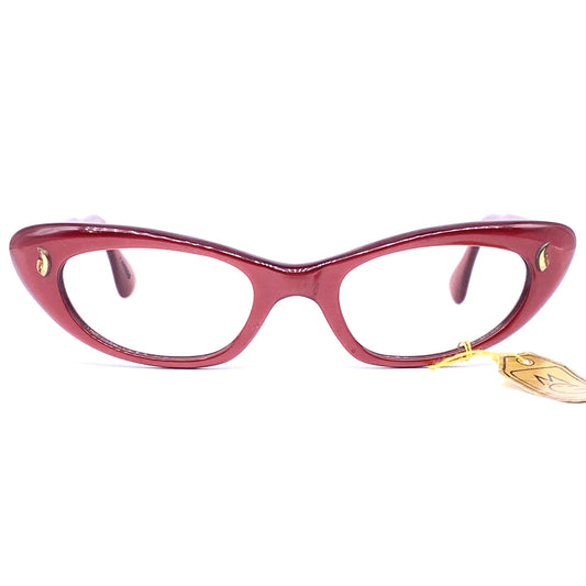 Interoptica 1950s NOS cateye eyeglasses frames, burgundy with gold pins, mint condition new with tags.