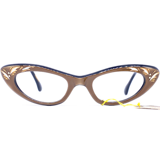 Interoptica 1950s NOS cateye eyeglasses frames, brownish gold with white adornments,  new with tags.