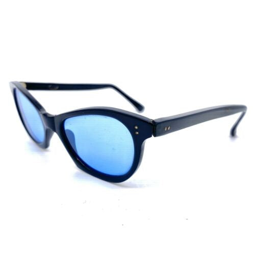 1950s OGZ Black Rockabilly Cat Eye Sunglasses With Blue Crystal Lenses, Italy 50s NOS