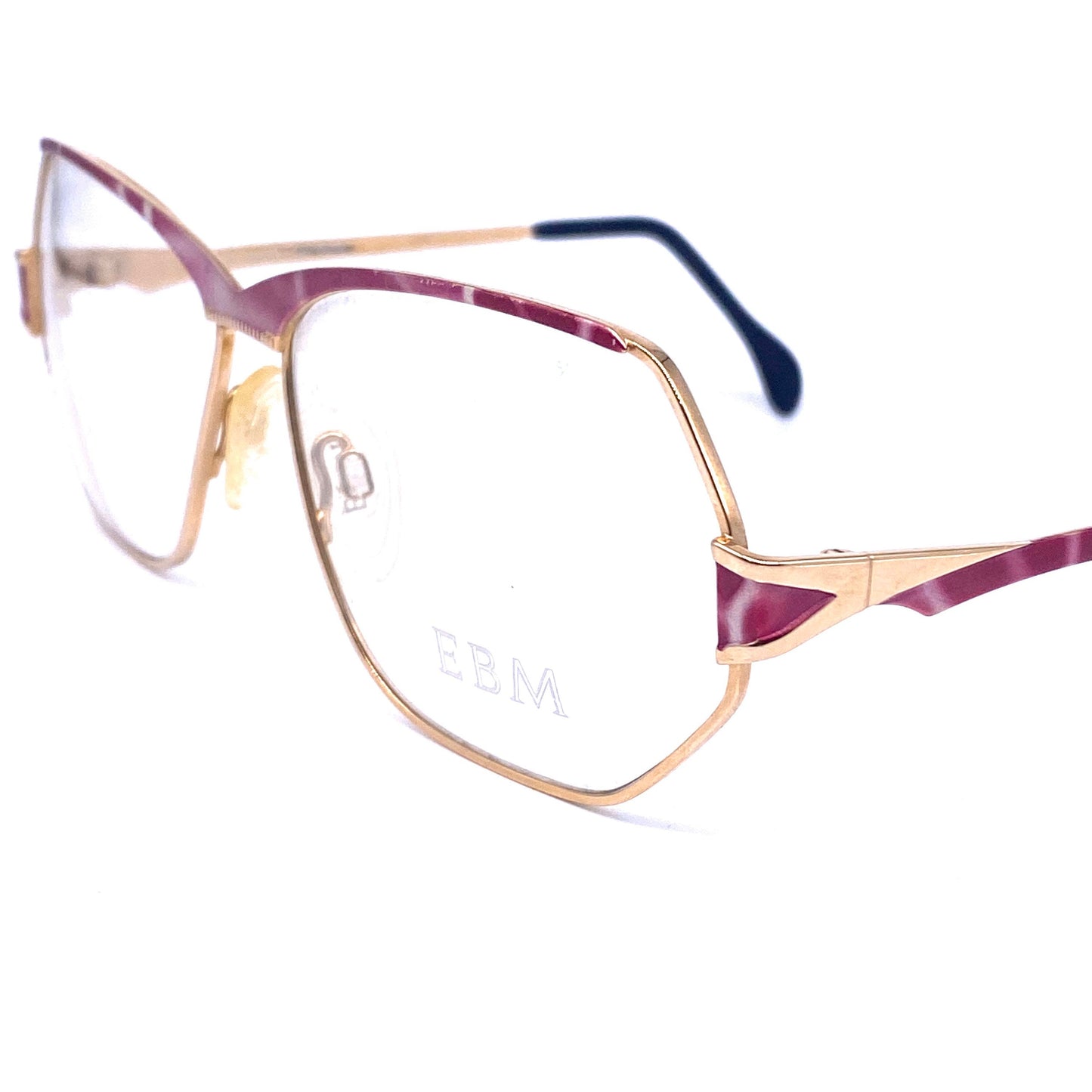 EBM oversized eyeglasses, modernist golden metal purple & pink arerographed frames. West Germani 90s NOS