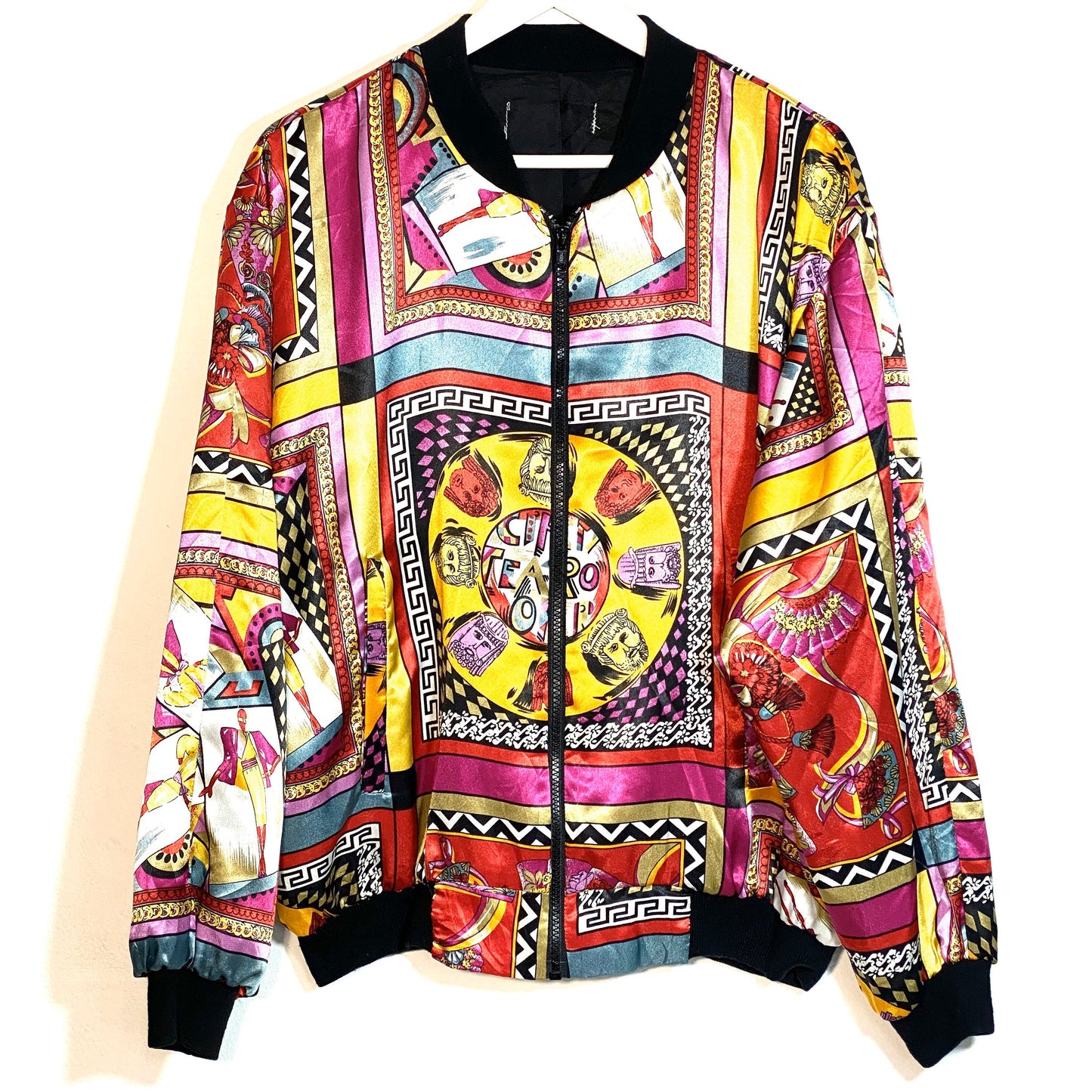Versace vibe “teatro” greek masks colorful baroque bomber jacket in great condition,1990 ca