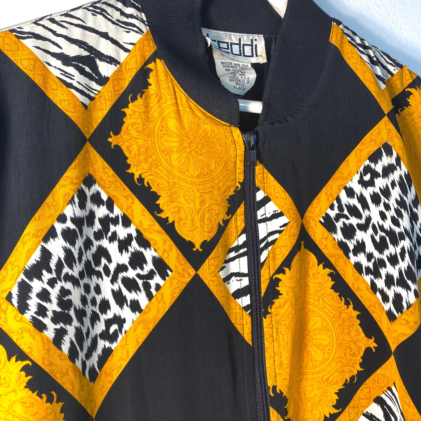 Teddi 1990s baroque satin bomber jacket, Versace Vibe, black / white/ yellow rhombus allover, great condition.