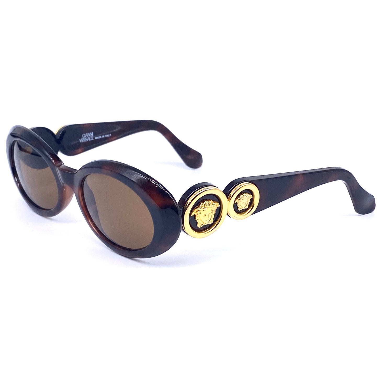 Gianni Versace 527 oval ladies tortoise sunglasses with double golden Medusa detail, 1990s