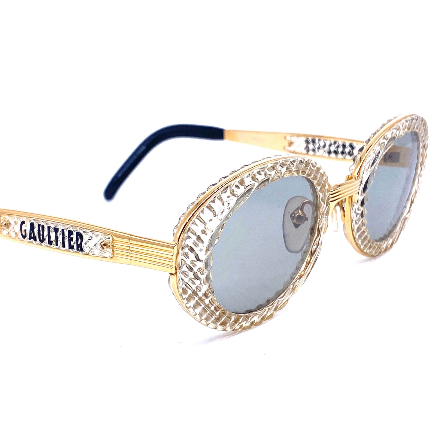 Jean Paul Gaultier 56 5201 oval gold plated titanium sunglasses with crystal effect cello rims NOS 1980s