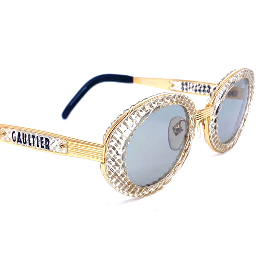 Jean Paul Gaultier 56 5201 oval gold plated titanium sunglasses with crystal effect cello rims NOS 1980s