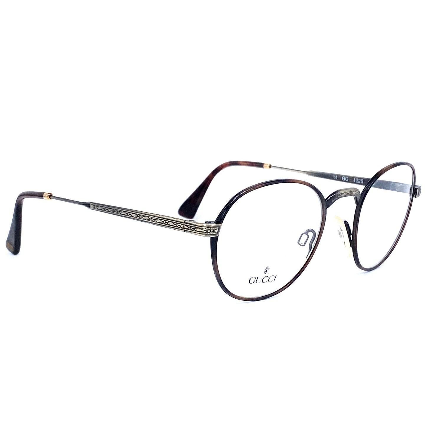 Gucci round deco style glasses, tortoise rims & carved gunmetal temples, NOS 1980s