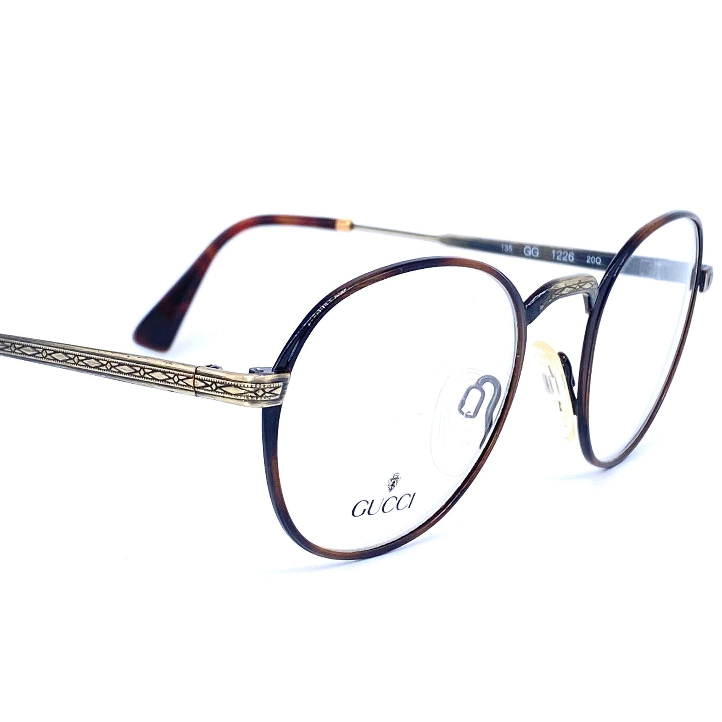 Gucci round deco style glasses, tortoise rims & carved gunmetal temples, NOS 1980s