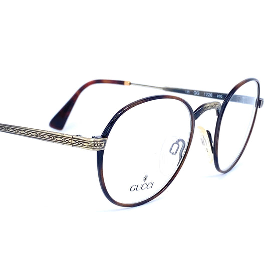 Gucci round deco style glasses, tortoise rims & carved gunmetal temples, NOS 1980s