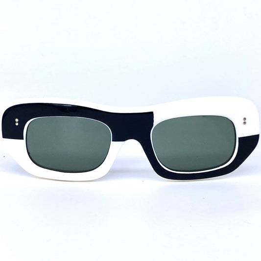Rare 1960s half black half white sunglasses, oversized cateye with asymmetric print, NOS mint