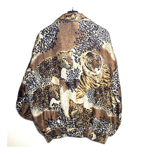 Fuda 100% silk big cats animalier-baroque print windbreaker jacket, 90s Minty