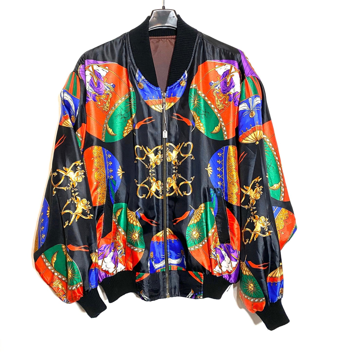 Lovely Hermes style baroque angels sun & moon satin bomber jacket.