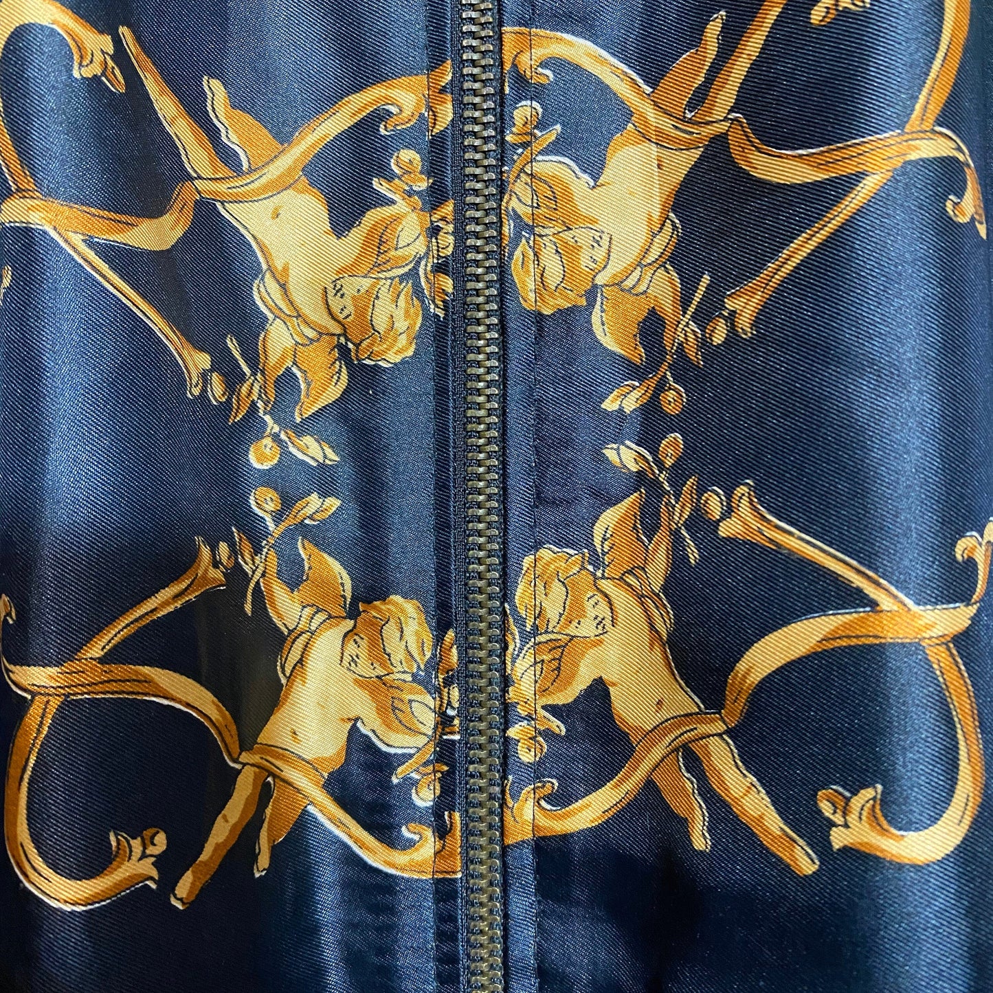 Lovely Hermes style baroque angels sun & moon satin bomber jacket.