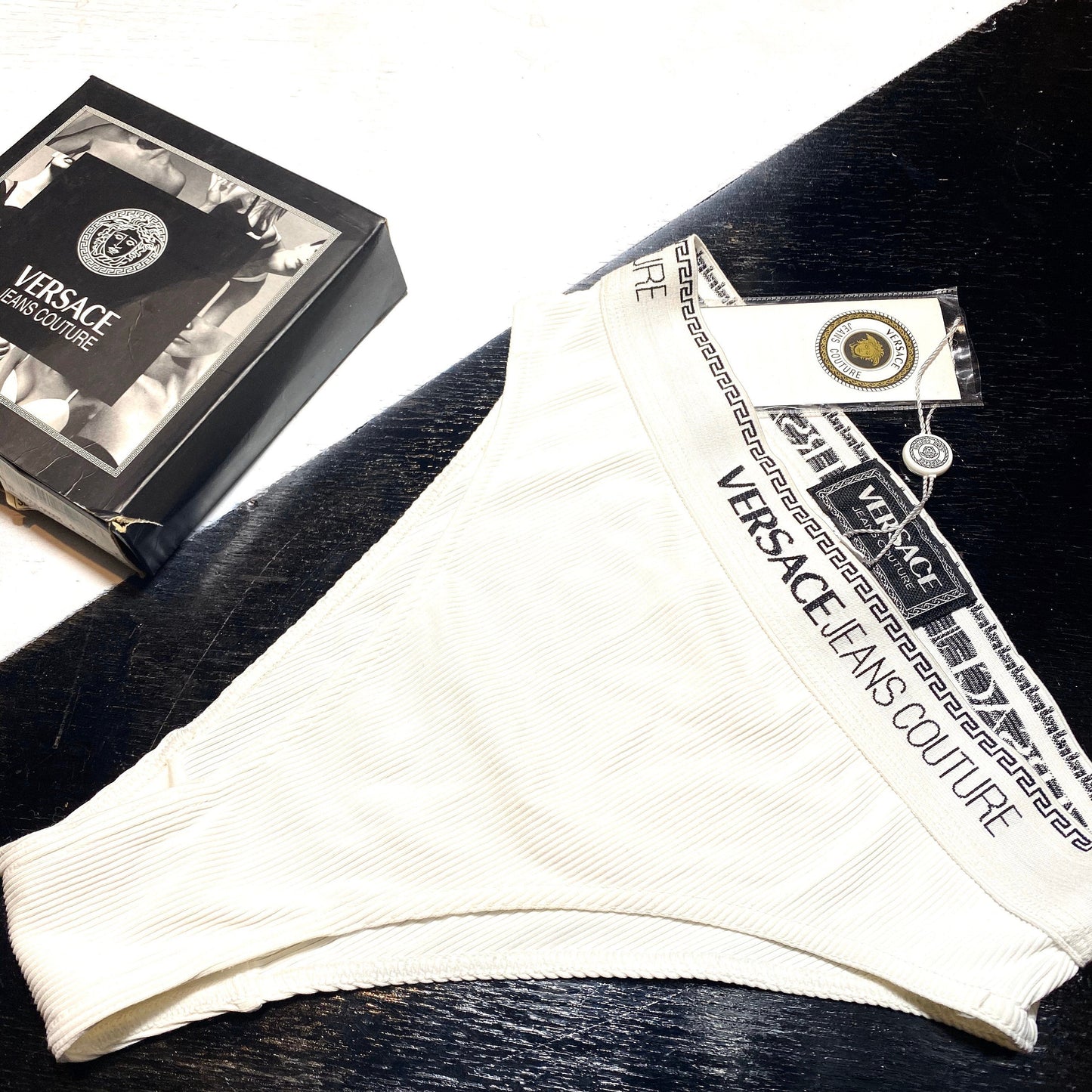 Versace Jeans Couture NOS ribbed panties with greek and signature on waistband, available in black and white