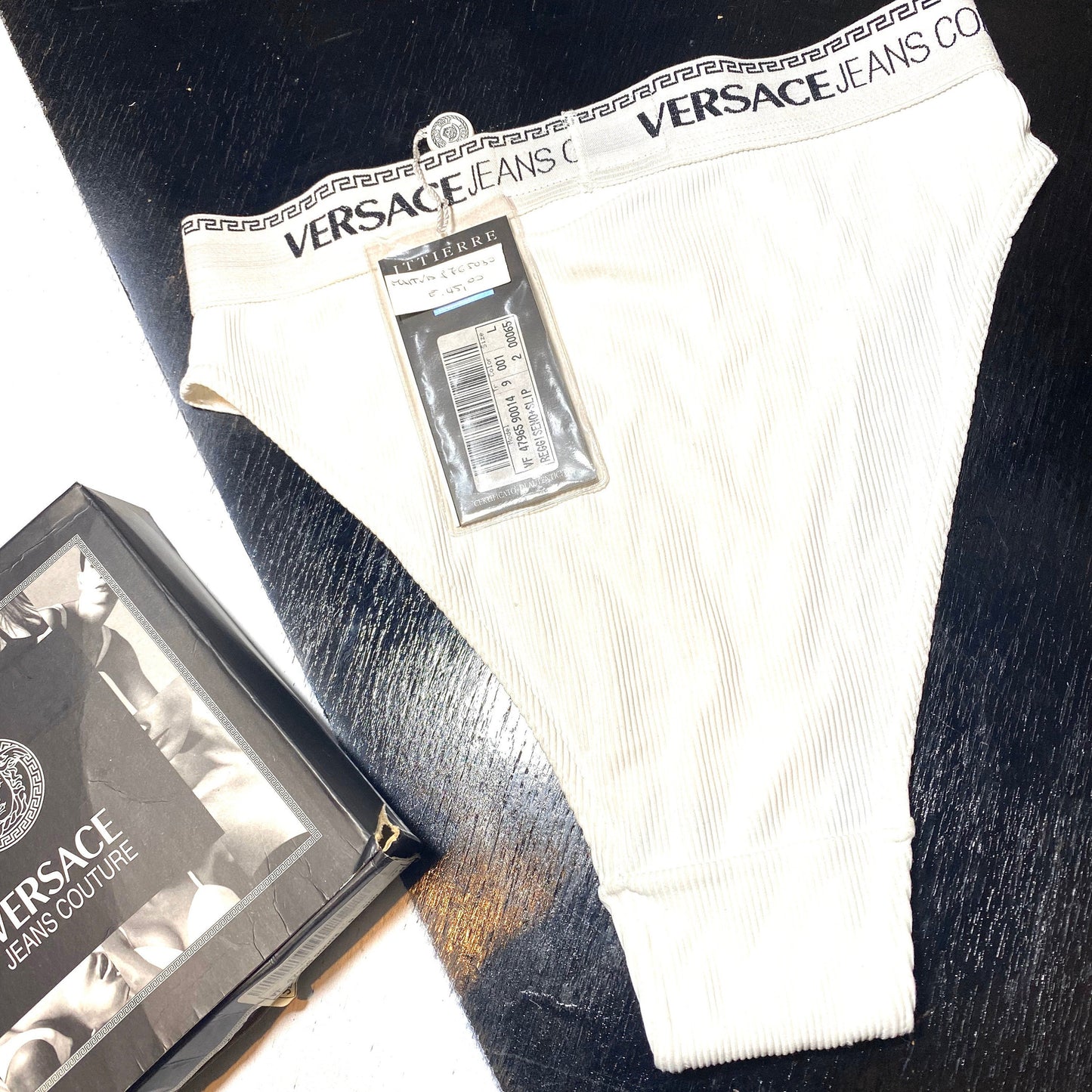 Versace Jeans Couture NOS ribbed panties with greek and signature on waistband, available in black and white