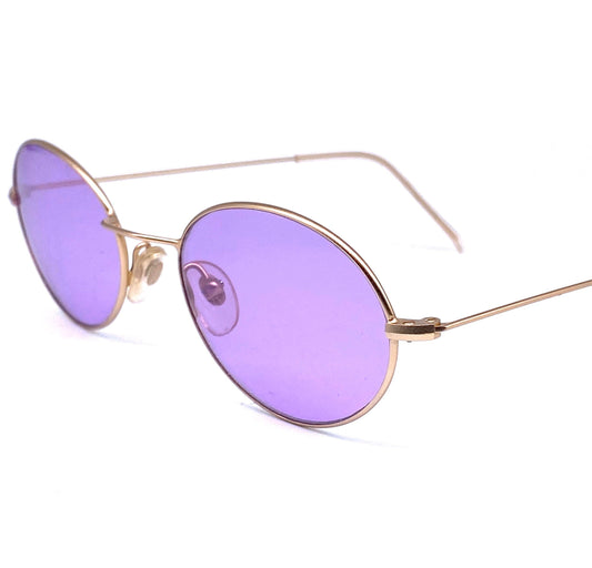 Planet 2000 oval purple lenses sunglasses, matte thin matte gold frames, NOS 90s Italy