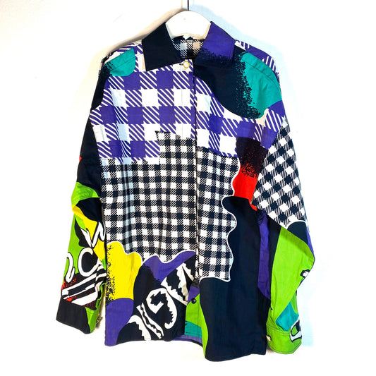 Versace Jeans Couture 90s shirt, print w/colorful mix of abstract and checkered designs, minty