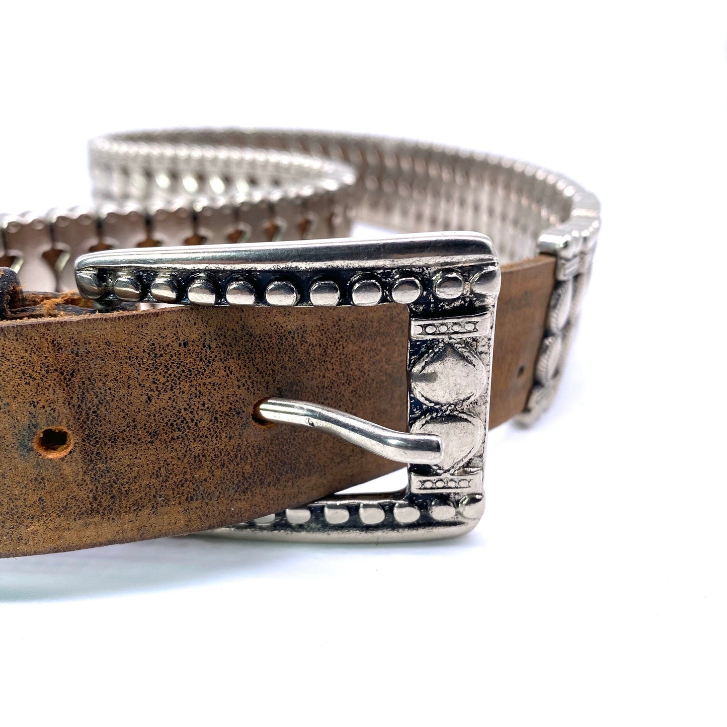 Rocking tan leather & silver metal belt, 1980s NOS made in Italy