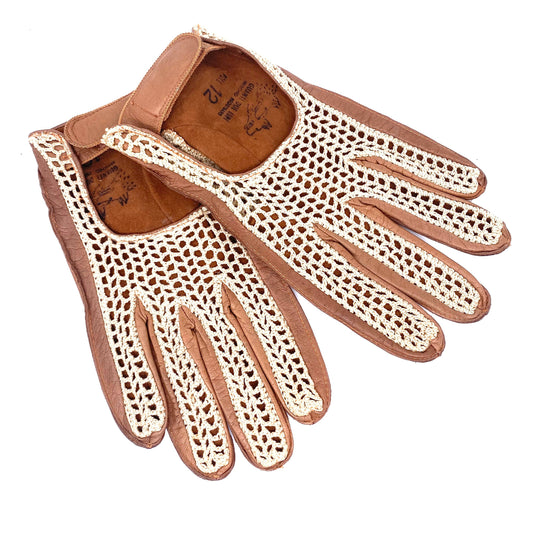 Vintage tan leather stringback driving gloves Due Lupi Millemiglia 80s made in Italy, Mint condition.