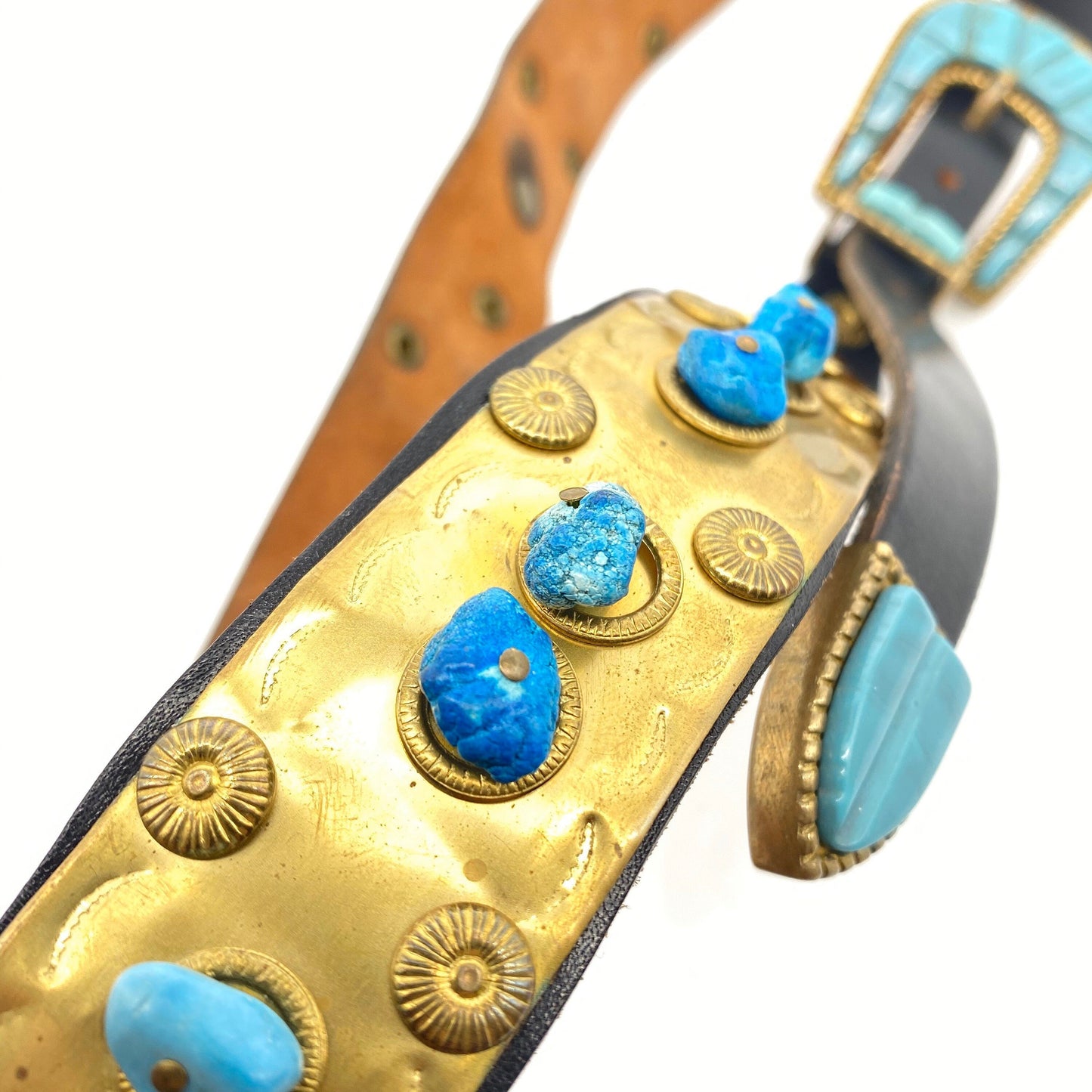 Precious artisanal leather / brass / turquoise stones ladies belt made in Italy, 80s NOS