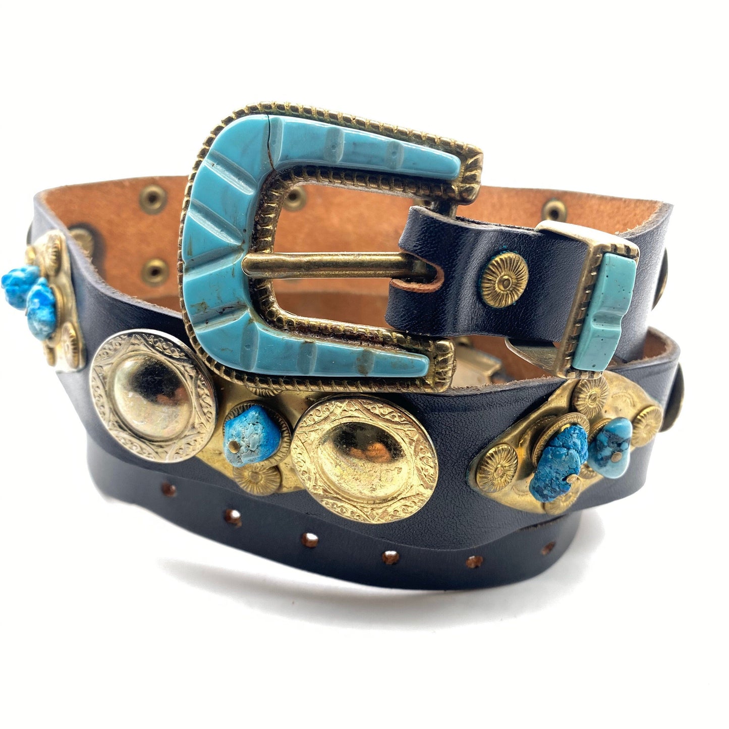 Precious artisanal leather / brass / turquoise stones ladies belt made in Italy, 80s NOS