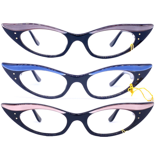 Interoptica Jaguar bicolor cateye eyeglasses, black w pink or blue brows, 1950s NOS
