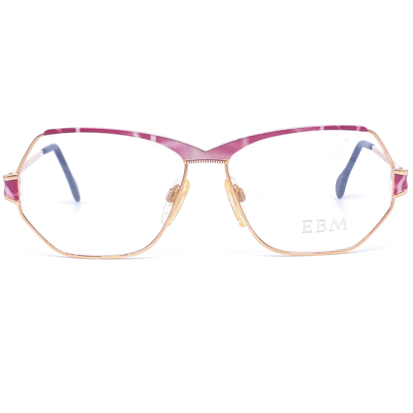 EBM oversized eyeglasses, modernist golden metal purple & pink arerographed frames. West Germani 90s NOS