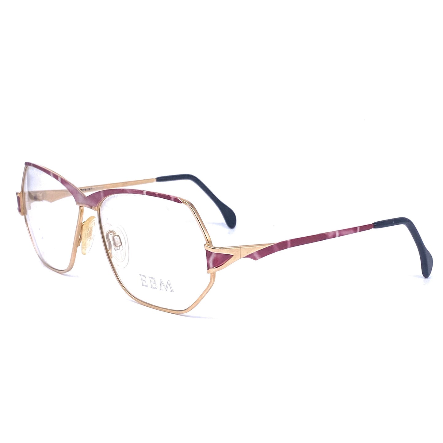 EBM oversized eyeglasses, modernist golden metal purple & pink arerographed frames. West Germani 90s NOS