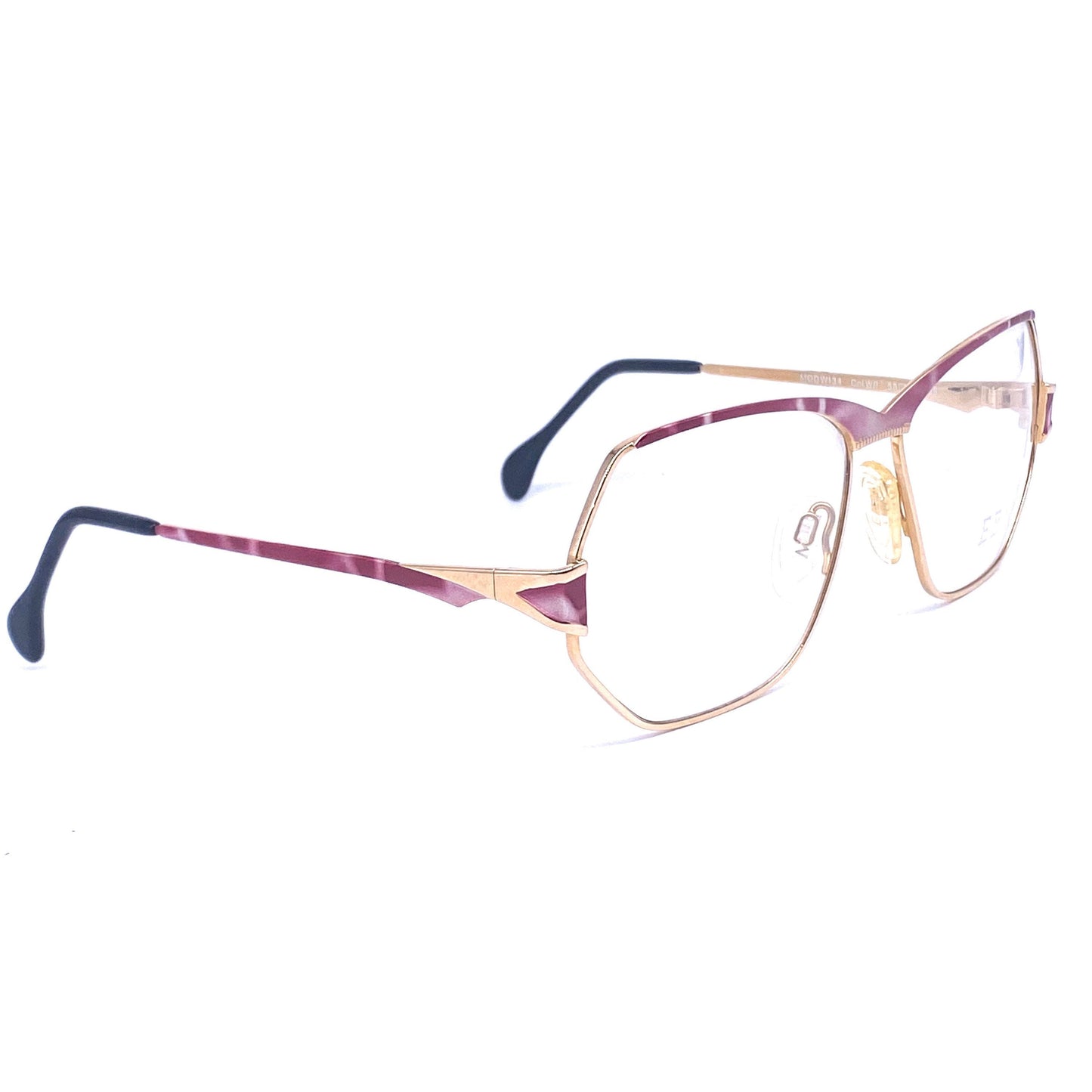 EBM oversized eyeglasses, modernist golden metal purple & pink arerographed frames. West Germani 90s NOS