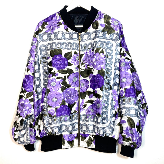 Baroque bomber jacket, chanel style silver chains & purple flowers, as M/L mid seasons