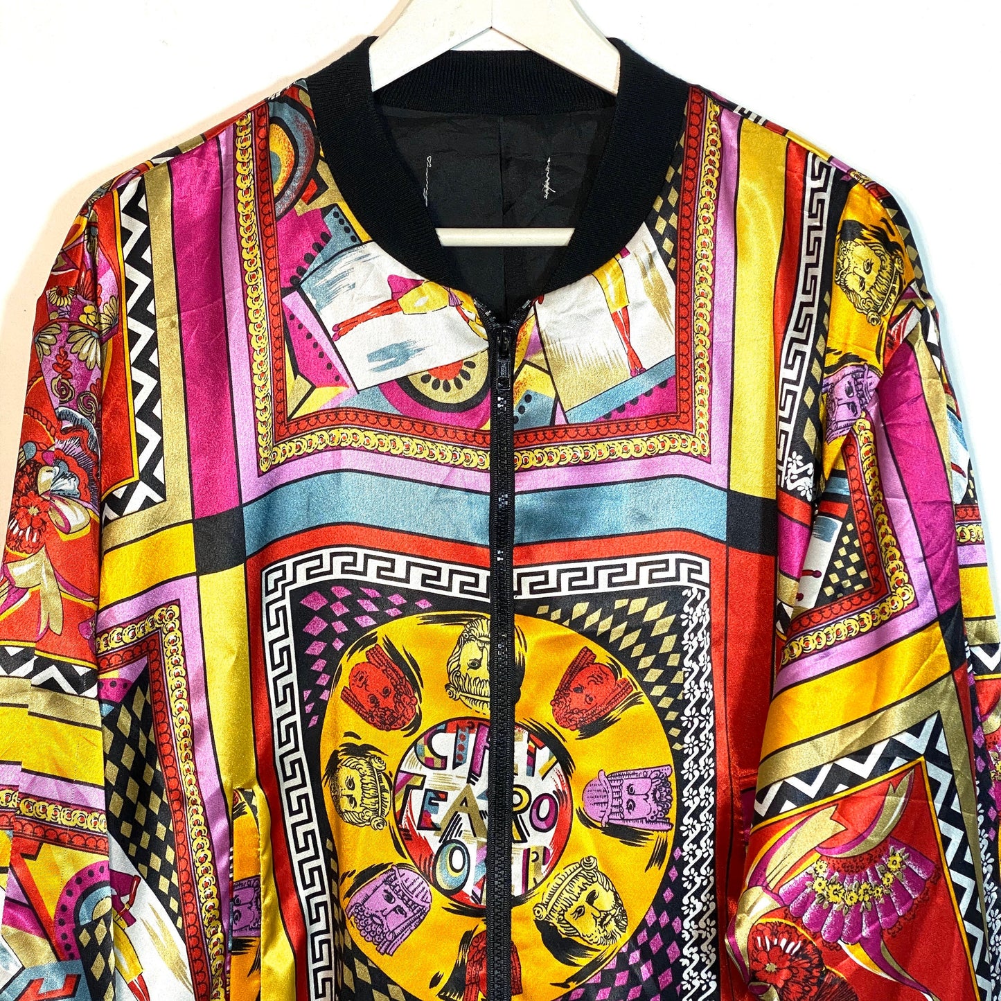 Versace vibe “teatro” greek masks colorful baroque bomber jacket in great condition,1990 ca