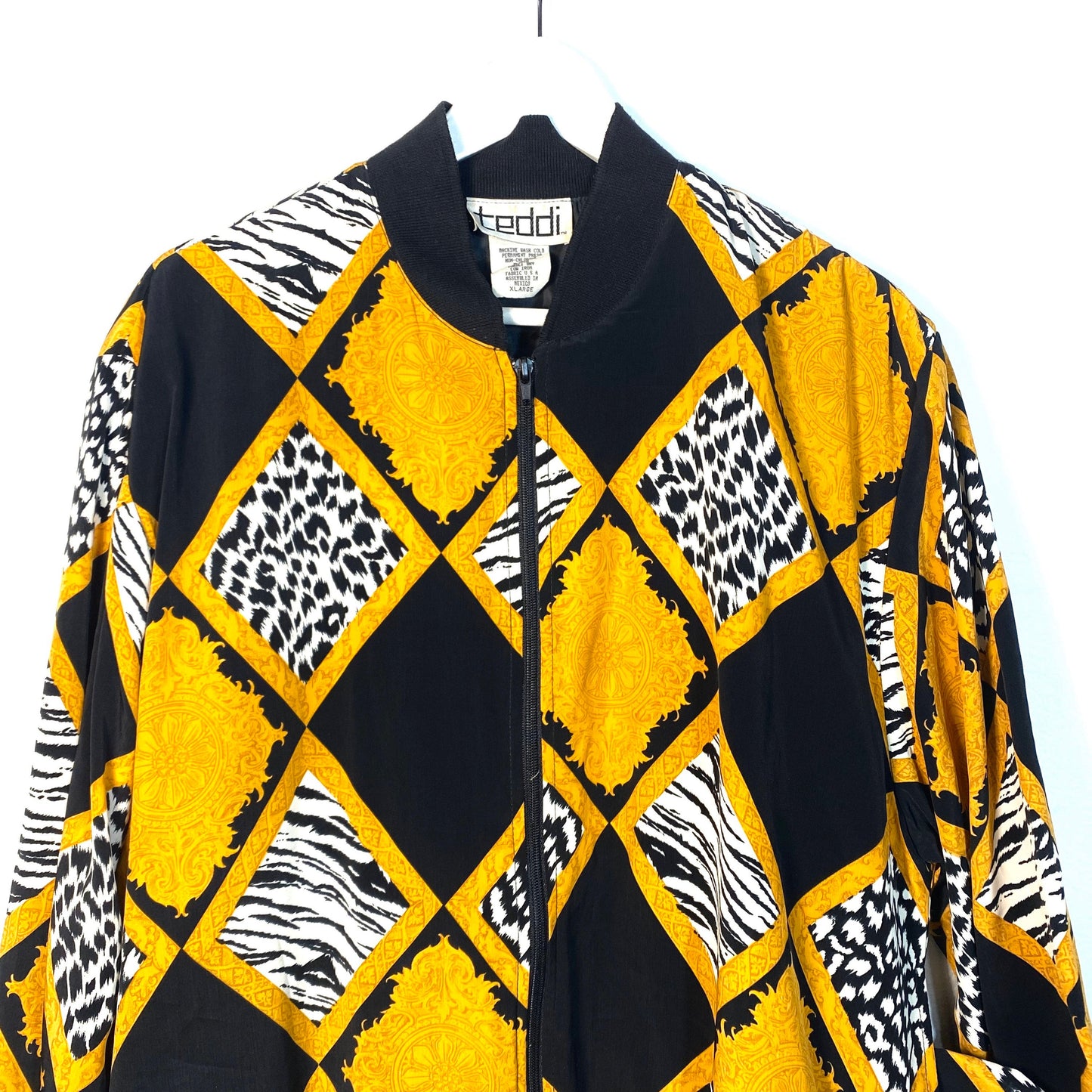 Teddi 1990s baroque satin bomber jacket, Versace Vibe, black / white/ yellow rhombus allover, great condition.