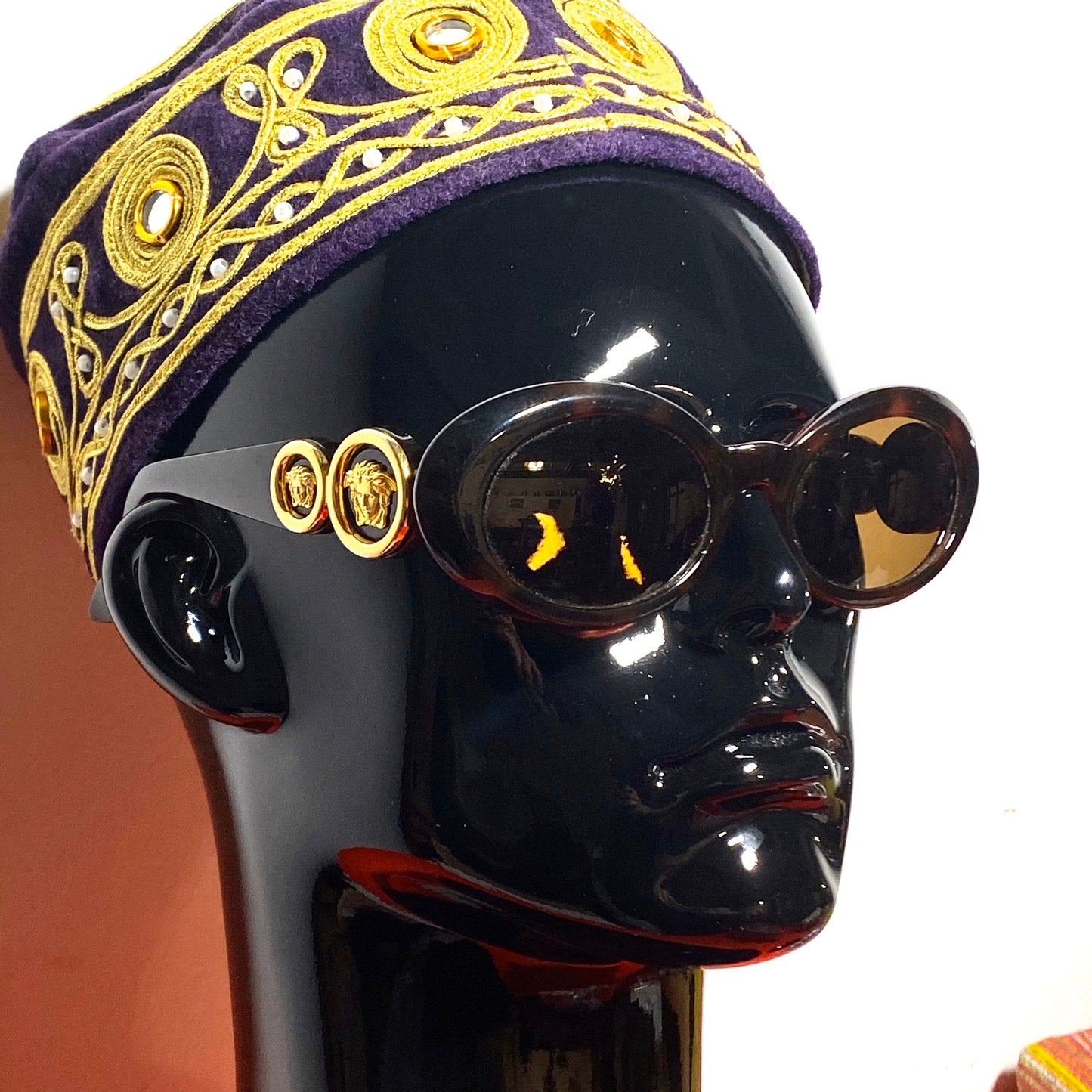 Gianni Versace 527 oval ladies tortoise sunglasses with double golden Medusa detail, 1990s