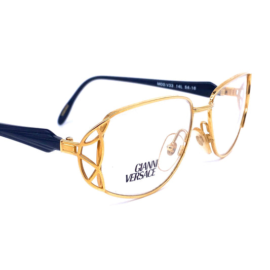 Gianni Versace V33 gorgeous oversized ladies eyeglasses, golden cutoff frame and black temples, 90s NOS