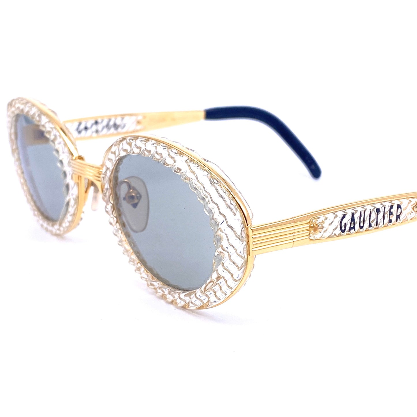 Jean Paul Gaultier 56 5201 oval gold plated titanium sunglasses with crystal effect cello rims NOS 1980s