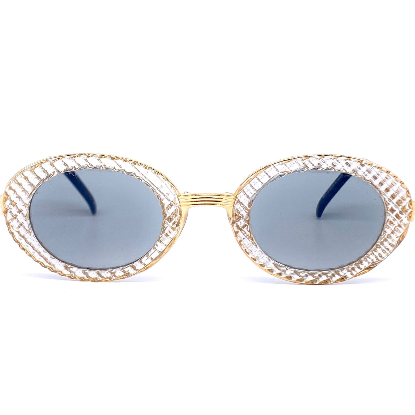 Jean Paul Gaultier 56 5201 oval gold plated titanium sunglasses with crystal effect cello rims NOS 1980s
