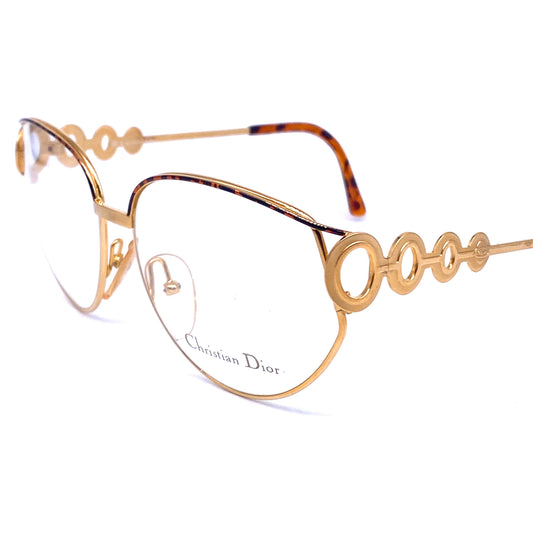 Christian Dior 2750 golden cateye oversized eyeglasses, space age cutoff oblò details, 1980s NOS