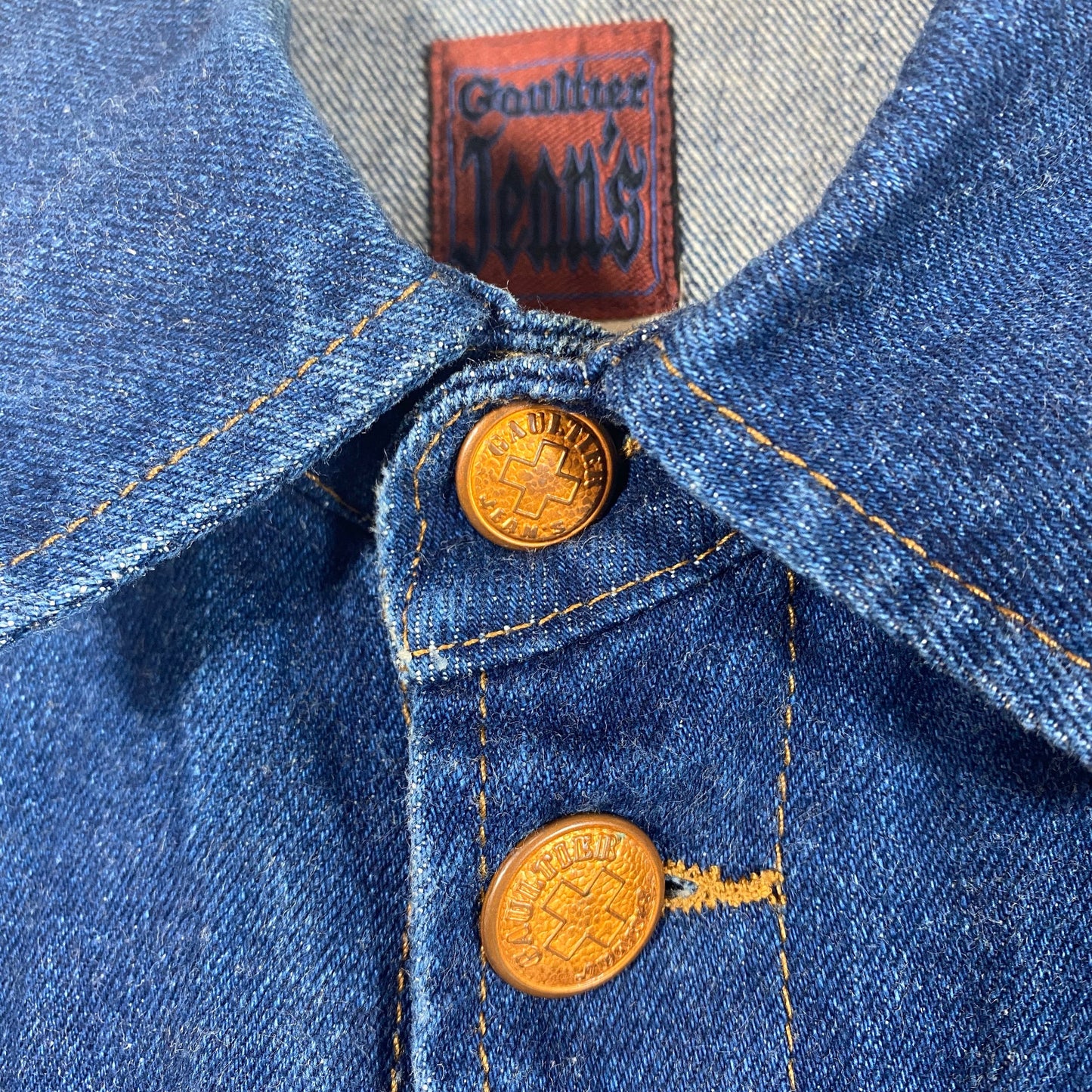 Jean Paul Gaultier vintage 90s denim trucker jacket with brass buttons, mint